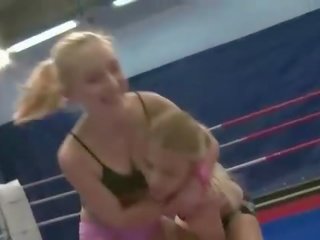 Alluring teen blondes in lesbian wrestling